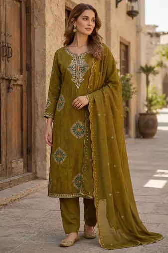 Mehendi silk unstitched suit with printed & khatli work