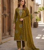 Mehendi silk unstitched suit with printed & khatli work
