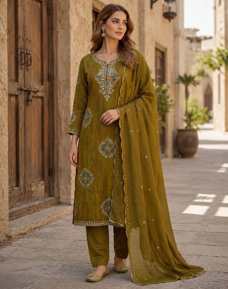 Mehendi silk unstitched suit with printed & khatli work