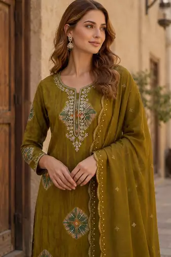 Mehendi silk unstitched suit with printed & khatli work