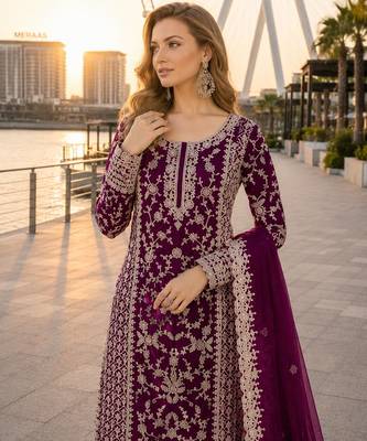 Purple net semi stitched suit with coding and embroidery work 2