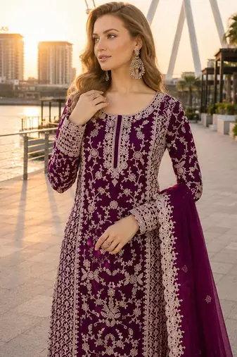 Purple net semi stitched suit with coding and embroidery work