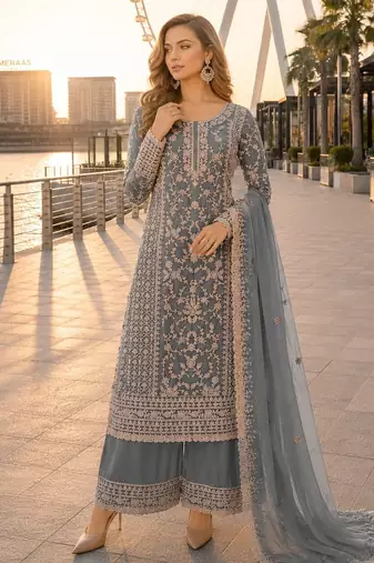 Grey net semi stitched suit with coding and embroidery work