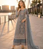 Grey net semi stitched suit with coding and embroidery work