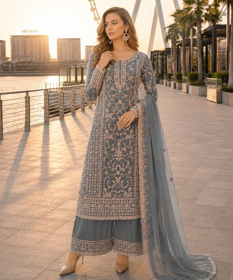 Grey net semi stitched suit with coding and embroidery work