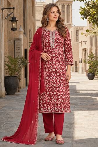 Maroon silk unstitched suit with printed & khatli work