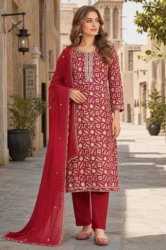 Maroon silk unstitched suit with printed & khatli work