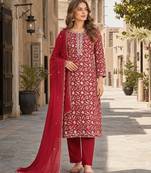 Maroon silk unstitched suit with printed & khatli work