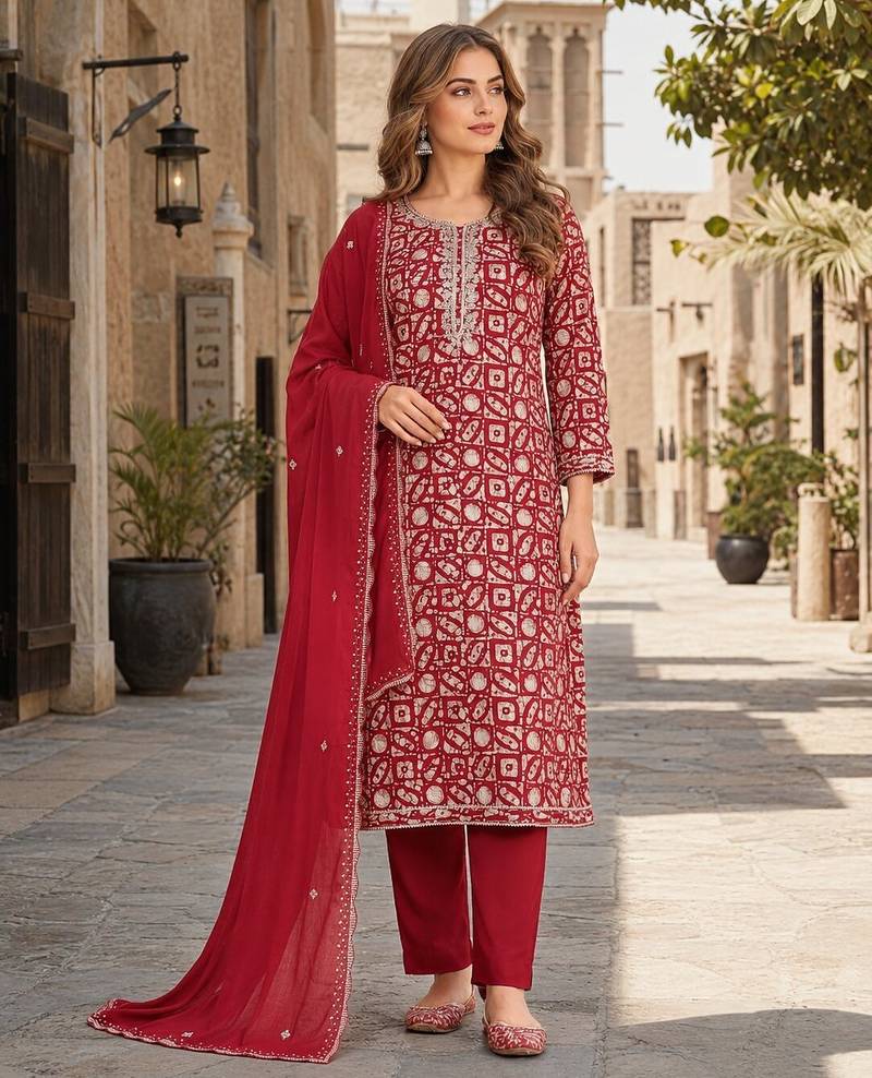 Maroon silk unstitched suit with printed & khatli work