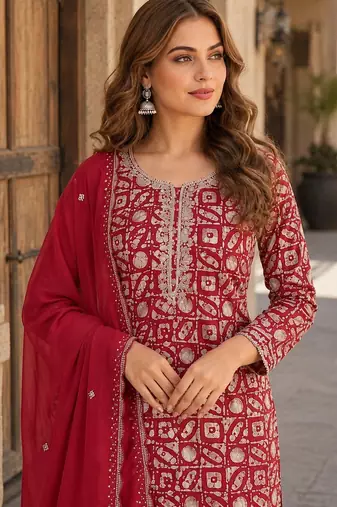 Maroon silk unstitched suit with printed & khatli work