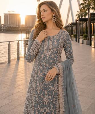 Grey net semi stitched suit with coding and embroidery work 2