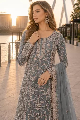 Grey net semi stitched suit with coding and embroidery work