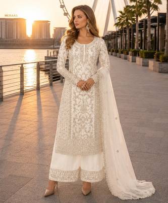White net semi stitched suit with coding and embroidery work 1