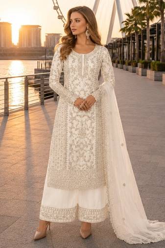 White net semi stitched suit with coding and embroidery work