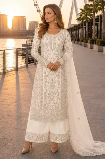 White net semi stitched suit with coding and embroidery work