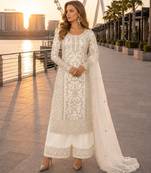 White net semi stitched suit with coding and embroidery work