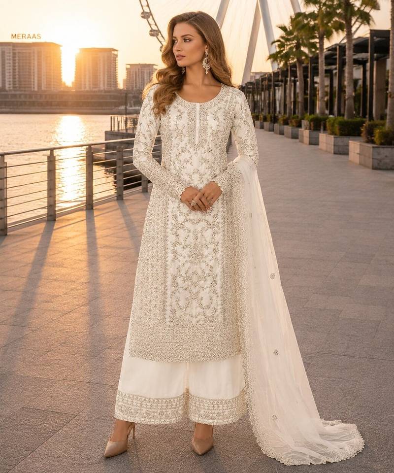 White net semi stitched suit with coding and embroidery work