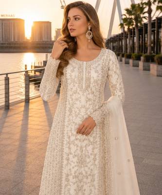 White net semi stitched suit with coding and embroidery work 2