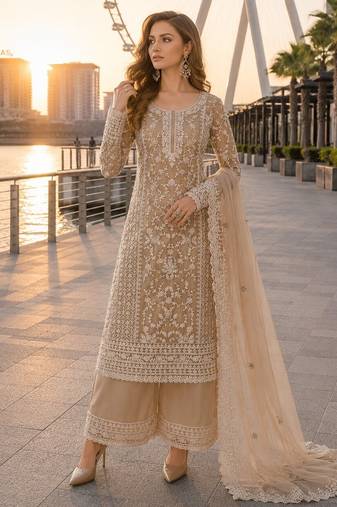 Cream net semi stitched suit with coding and embroidery work