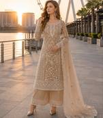 Cream net semi stitched suit with coding and embroidery work
