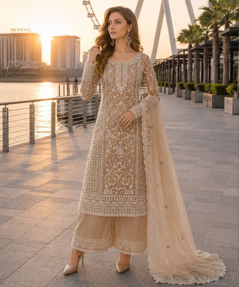 Cream net semi stitched suit with coding and embroidery work