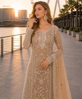 Cream net semi stitched suit with coding and embroidery work 2