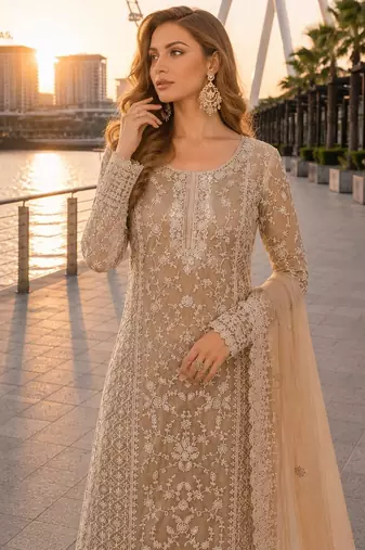 Cream net semi stitched suit with coding and embroidery work