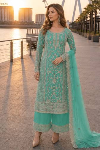 Blue net semi stitched suit with coding and embroidery work