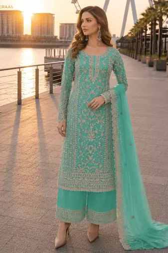 Blue net semi stitched suit with coding and embroidery work