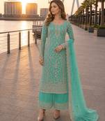 Blue net semi stitched suit with coding and embroidery work