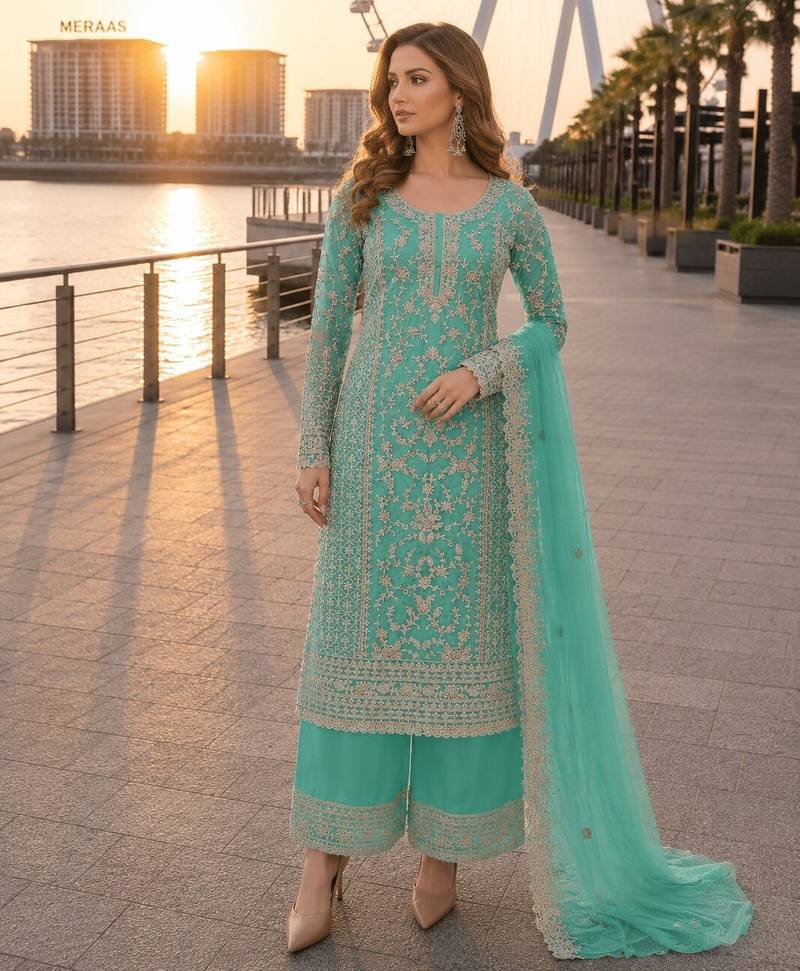 Blue net semi stitched suit with coding and embroidery work