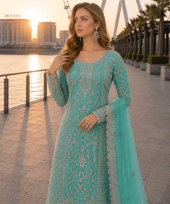 Blue net semi stitched suit with coding and embroidery work 2