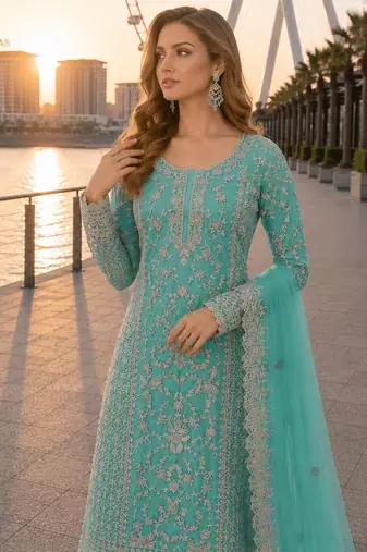Blue net semi stitched suit with coding and embroidery work