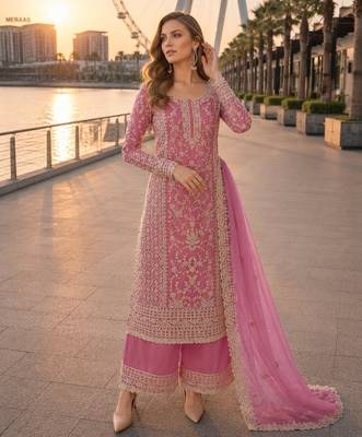 Pink net semi stitched suit with coding and embroidery work 1
