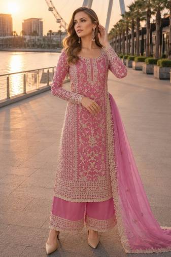 Pink net semi stitched suit with coding and embroidery work