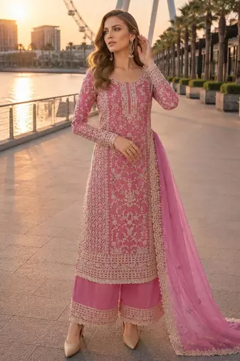 Pink net semi stitched suit with coding and embroidery work