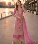 Pink net semi stitched suit with coding and embroidery work