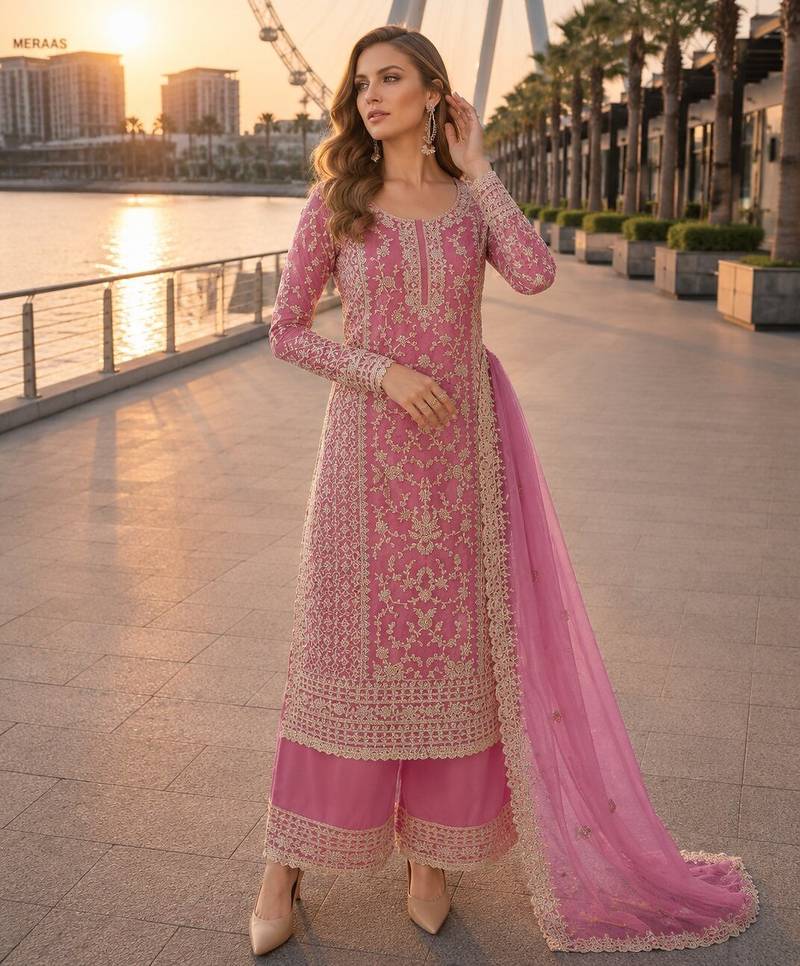 Pink net semi stitched suit with coding and embroidery work