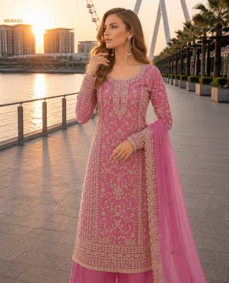 Pink net semi stitched suit with coding and embroidery work 2