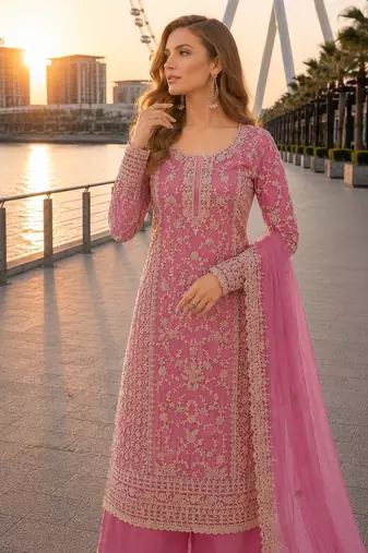 Pink net semi stitched suit with coding and embroidery work