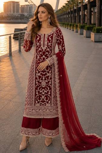 Red net semi stitched suit with coding and embroidery work