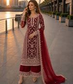 Red net semi stitched suit with coding and embroidery work