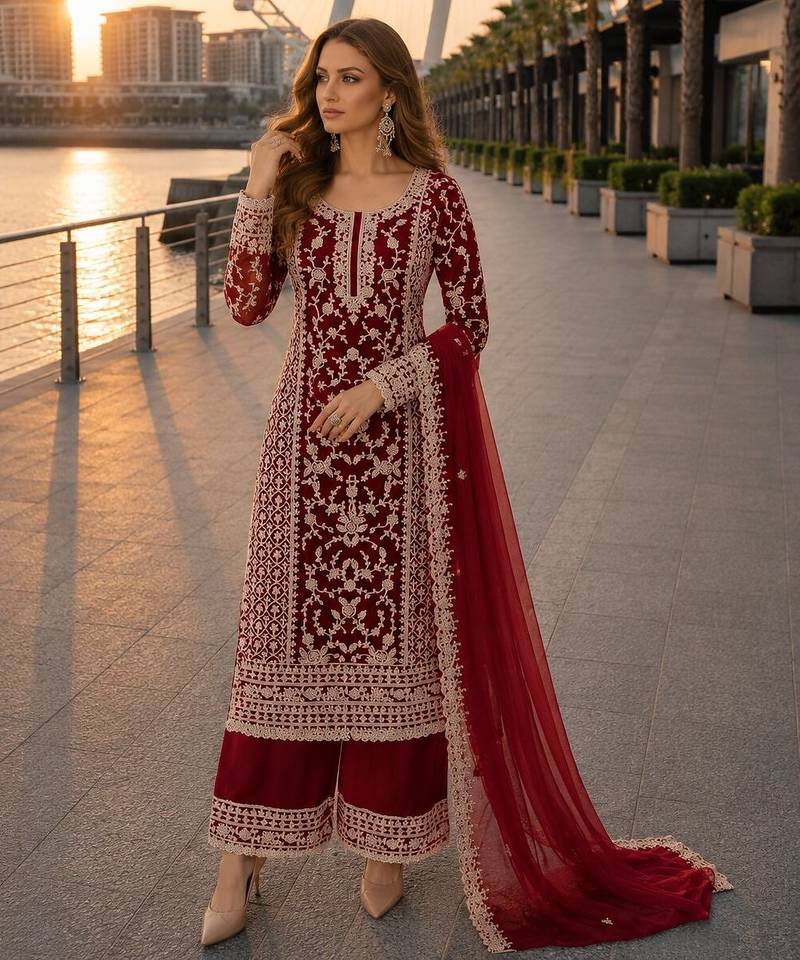 Red net semi stitched suit with coding and embroidery work