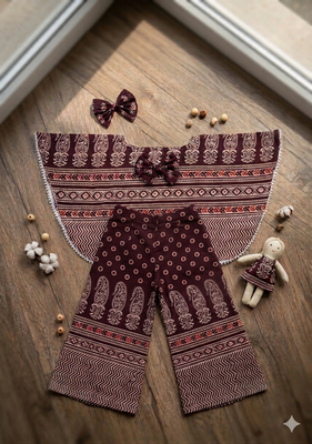Wine ajrakh bloom cotton kaftan palazzo set for girls kids with bow gift 3