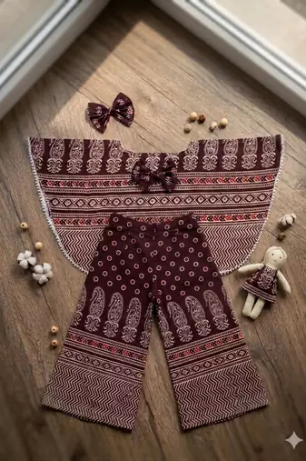 Wine ajrakh bloom cotton kaftan palazzo set for girls kids with bow gift