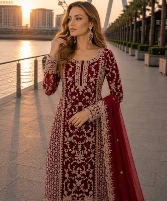 Red net semi stitched suit with coding and embroidery work 2