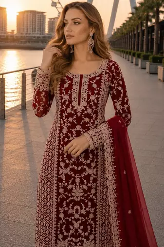 Red net semi stitched suit with coding and embroidery work