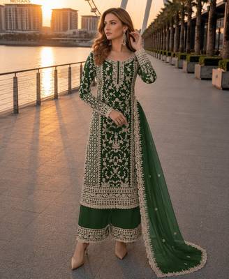 D green net semi stitched suit with coding and embroidery work 1