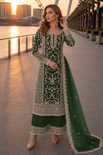D green net semi stitched suit with coding and embroidery work