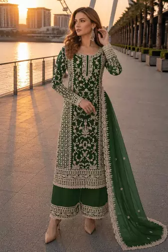 D green net semi stitched suit with coding and embroidery work